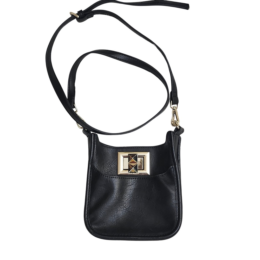 Steve Madden Black Faux Leather Crossbody Bag Gold Turn Lock Pyramid Stud Detail
